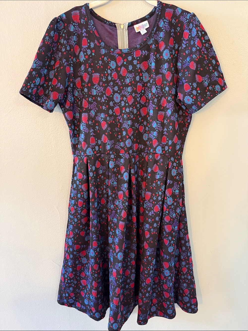 LuLaRoe Black Midi Dress with Red and Blue Floral Print